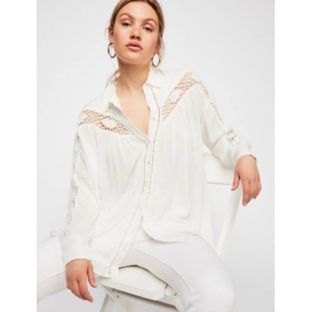 Dotti‎ Women Cream Boho Crochet Lace Trim Button Down Oversized Blouse Top